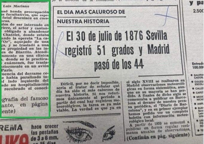 El primer coche con motor de gasolina que circuló en España fue un Panhard Levassord de 1881, cinco años después de que en Sevilla se registraran tempetaturas de 51°C.
Pero tú sigues salvando el planeta en patinete, pagando impuestos verdes, sin comer carne, creyendo que las