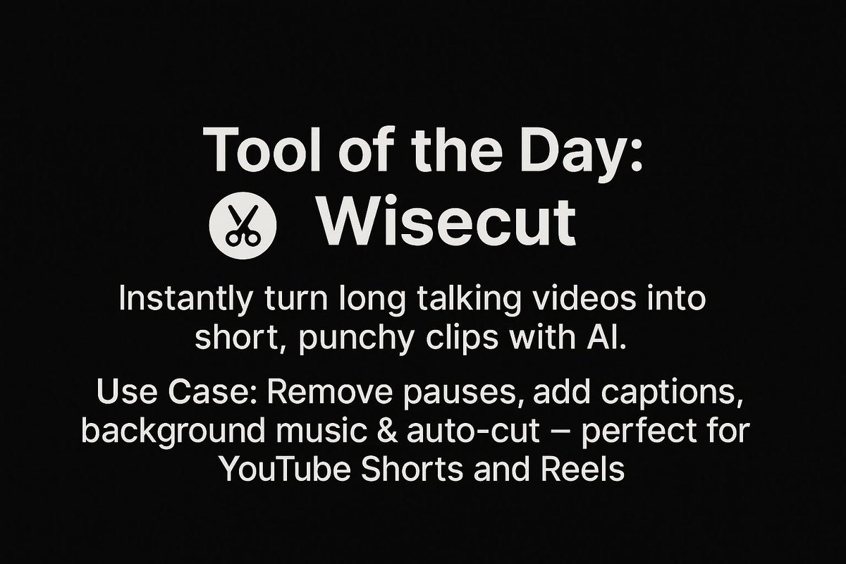 DailyAIStack's tweet image. 🔧 Tool of the Day: Wisecut
Instantly turn long talking videos into short, punchy clips with AI.
💡 Use Case: Remove pauses, add captions, background music & auto-cut - perfect for YouTube Shorts and Reels.
#ContentCreation #AItools #VideoEditing