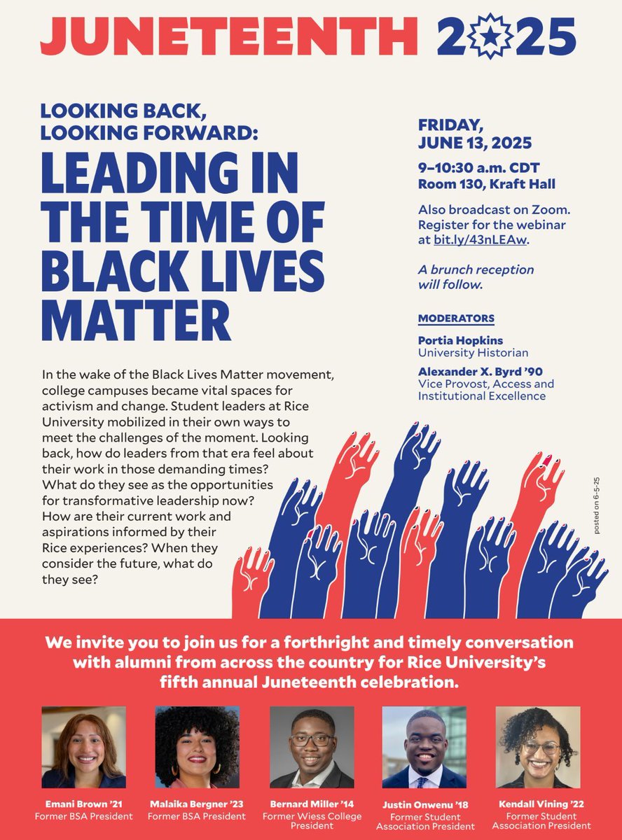 In observance of Juneteenth, Rice offices will be closed, June 19th and 20th. 

Want to celebrate the holiday? Join Rice University's commemoration of Juneteenth, Friday, June 13th from 9-10:30 am, titled, "Leading In The Time Of Black Lives Matter.” 

#Juneteenth #RiceUniversity