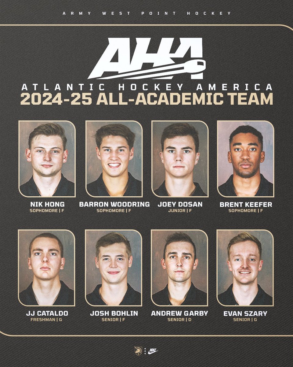ArmyWP_Hockey's tweet image. Congratulations to our 15 @Atlantic_Hockey All-Academic Team honorees for their hard work in the classroom this season and to Nik Hong for earning AHA Student-Athlete of the Year honors!
🔗 goarmywestpoint.com/news/2025/6/18…
#GoArmy