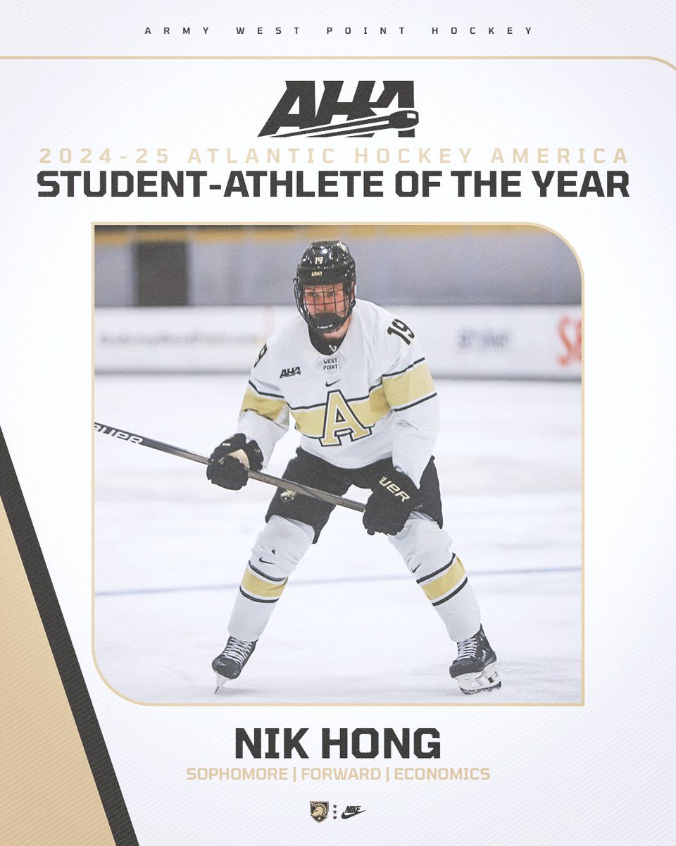 ArmyWP_Hockey's tweet image. Congratulations to our 15 @Atlantic_Hockey All-Academic Team honorees for their hard work in the classroom this season and to Nik Hong for earning AHA Student-Athlete of the Year honors!
🔗 goarmywestpoint.com/news/2025/6/18…
#GoArmy