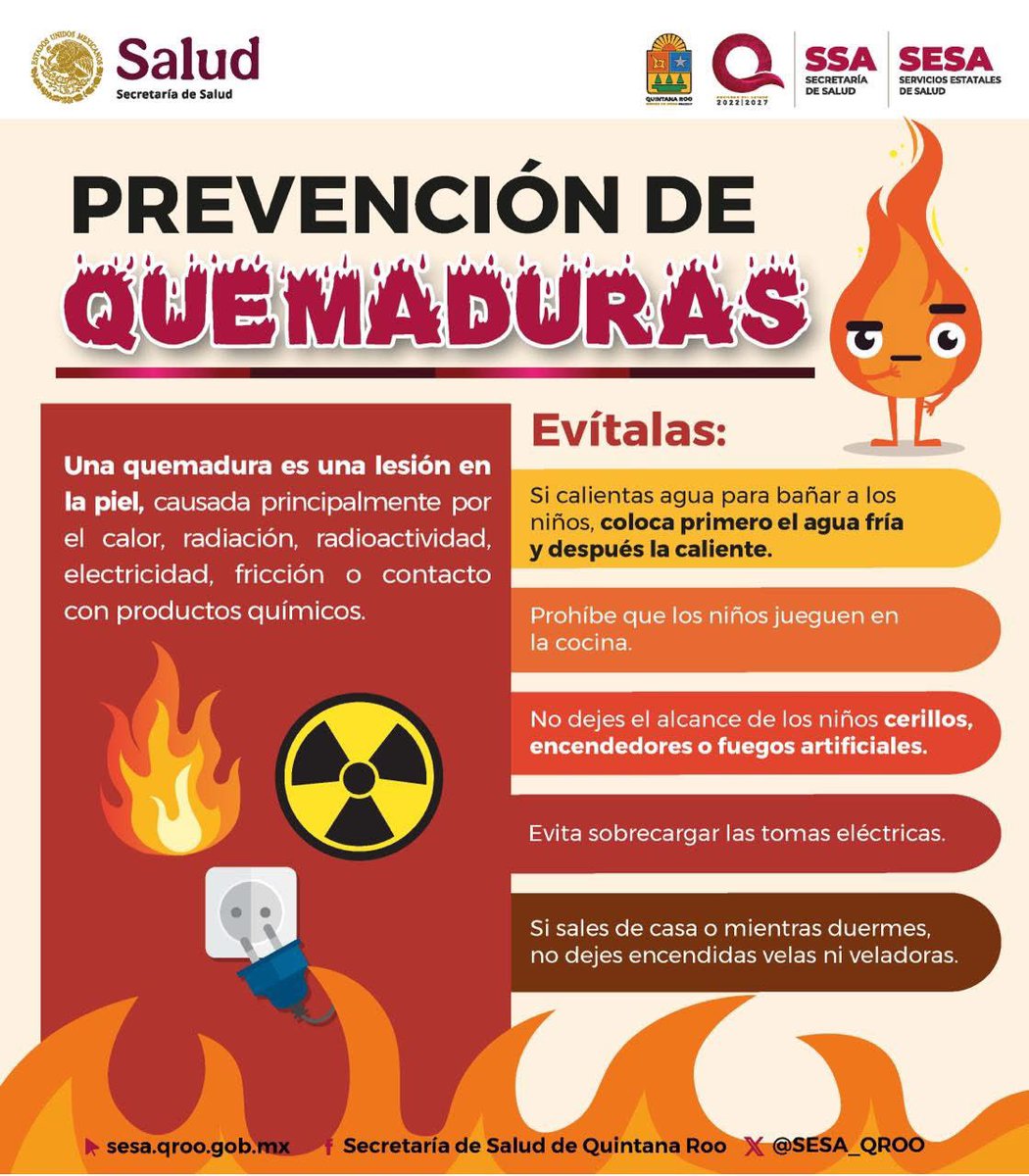 🔥 ¡Prevenir quemaduras está en tus manos! 🔥
Una quemadura puede dejar secuelas graves, especialmente en niñas y niños.
Sigue estas recomendaciones y protege a tu familia:

#PrevenciónDeQuemaduras #SaludQuintanaRoo #SESA