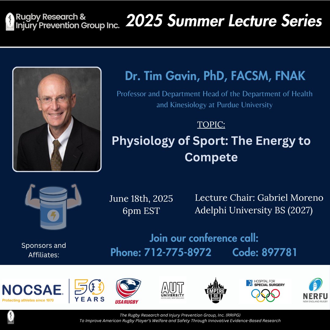 <a href="/rripg/">Rugby Research and Injury Prevention Group Inc.</a> is proud to host Dr. <a href="/TimGavin1/">Tim Gavin</a>  #PhD #FACSM #FNAK from <a href="/LifeAtPurdue/">Purdue University</a> on July 18th at 6pm EST!

He’ll present:
“Physiology of Sport: The Energy to Compete”
A can’t-miss deep dive into the energy behind elite performance 💪

#SLS25 #sportsmedicine #exercisephysiology #RRIPG