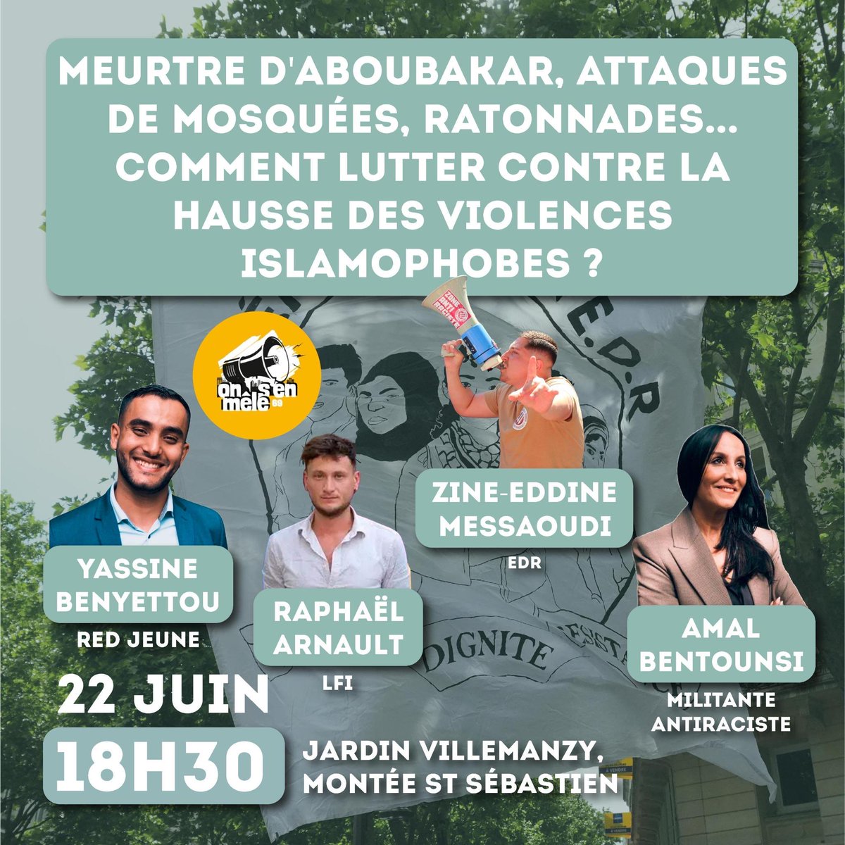 📣 Dimanche 22 Juin à Lyon : Forum contre l'islamophobie à Lyon, au parc Villemanzy.

➡️ Avec en clôture à 18h30, "Comment lutter contre la hausse des violences islamophobes"