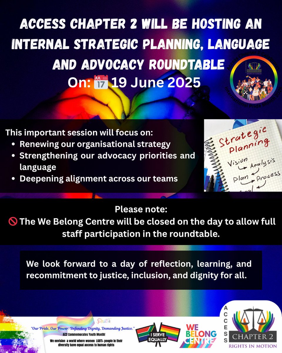 Access Chapter 2 will host a Strategic Planning, Language &amp; Advocacy Roundtable on 19 June.

📢 The We Belong Centre will be closed to allow full staff participation.

#AccessChapter2 #AdvocacyRoundtable #WeServeEqually #StrategicFocus