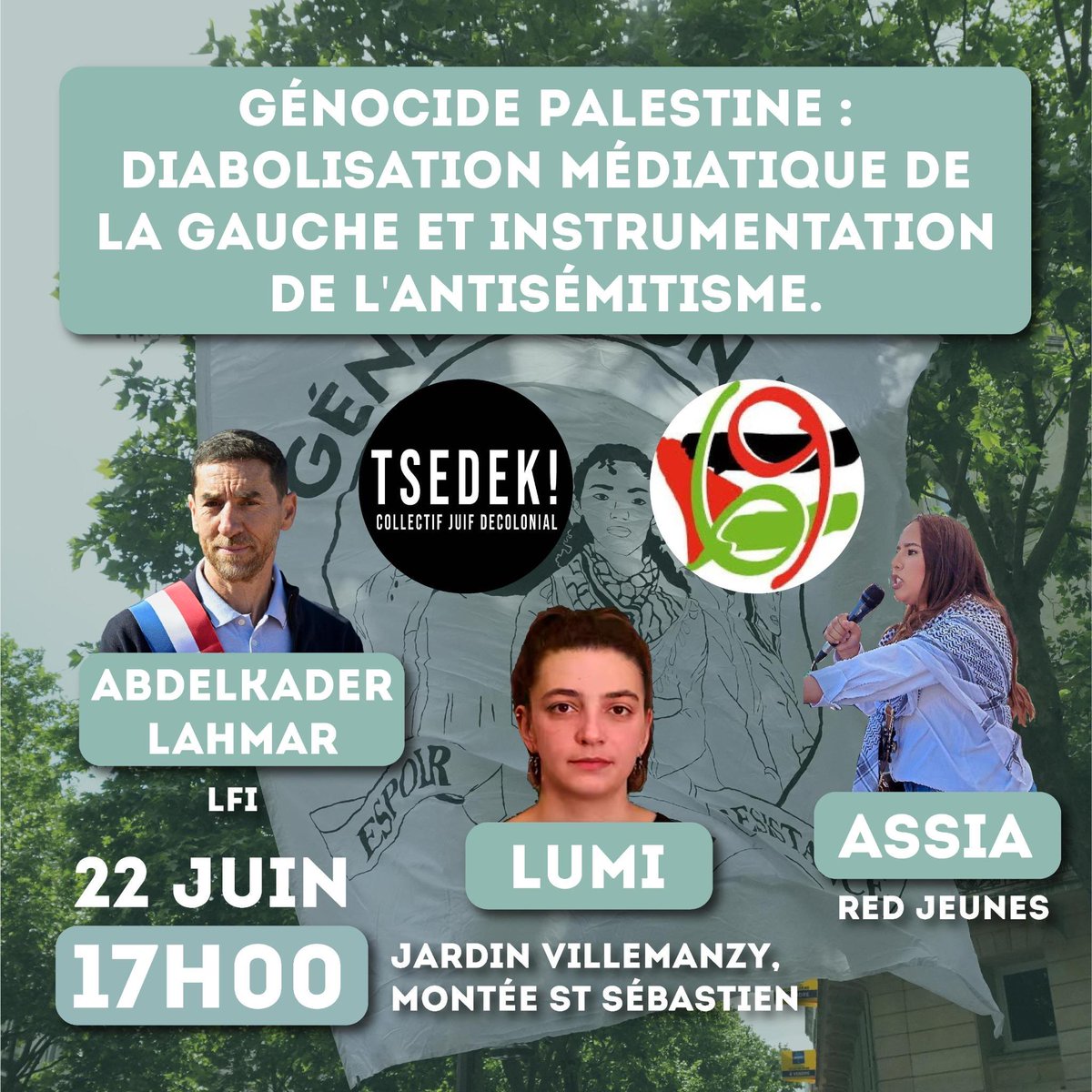 ➡️ et  à 17h00 Génocide en Palestine : Diabolisation médiatique de la gauche et instrumentalisation de l'antisémitisme.

On vous attend nombreux et nombreuses.

Espoir, Dignité et Résistance : faire front contre l'islamophobie ✊✊