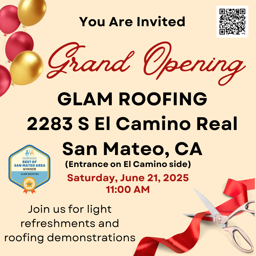 You’re Invited!
GLAM ROOFING is celebrating its new home in San Mateo!
📅 Sat, June 21 | 🕚 11 AM
📍 2283 S El Camino Real
🎀 Ribbon Cutting + Grand Opening!
Support local, celebrate quality.
rpb.li/v5CVr

#SanMateoChamber #SupportLocal #SmallBusiness #GrandOpening