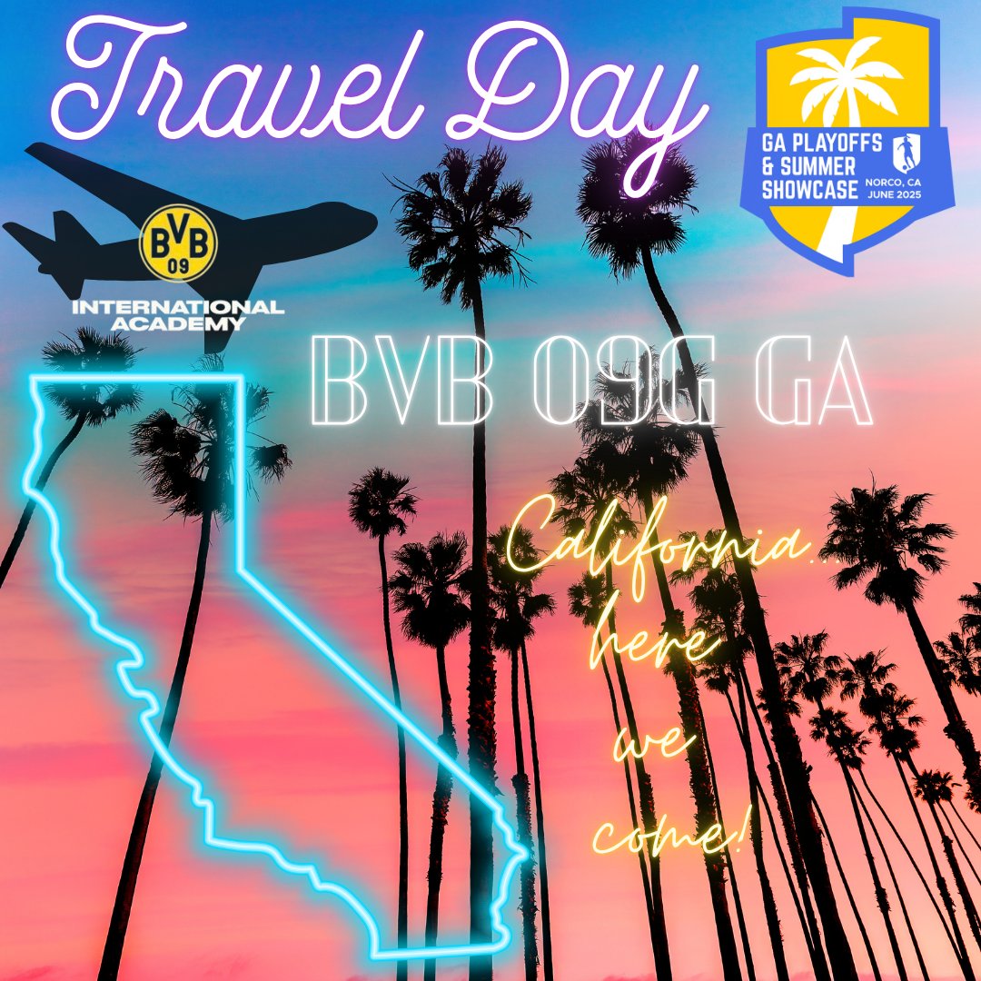 Travel day to Cali! We can’t wait to play tomorrow in the <a href="/GAcademyLeague/">Girls Academy</a> Summer Showcase. Safe travels to all the teams competing and all college coaches coming to watch us play. See you on the pitch! Let’s go BVB! <a href="/bvbiaa/">BVB IA North Amercia</a> <a href="/bvbiantx/">BVB International Academy North Texas</a> #bvb09gga #gasummer