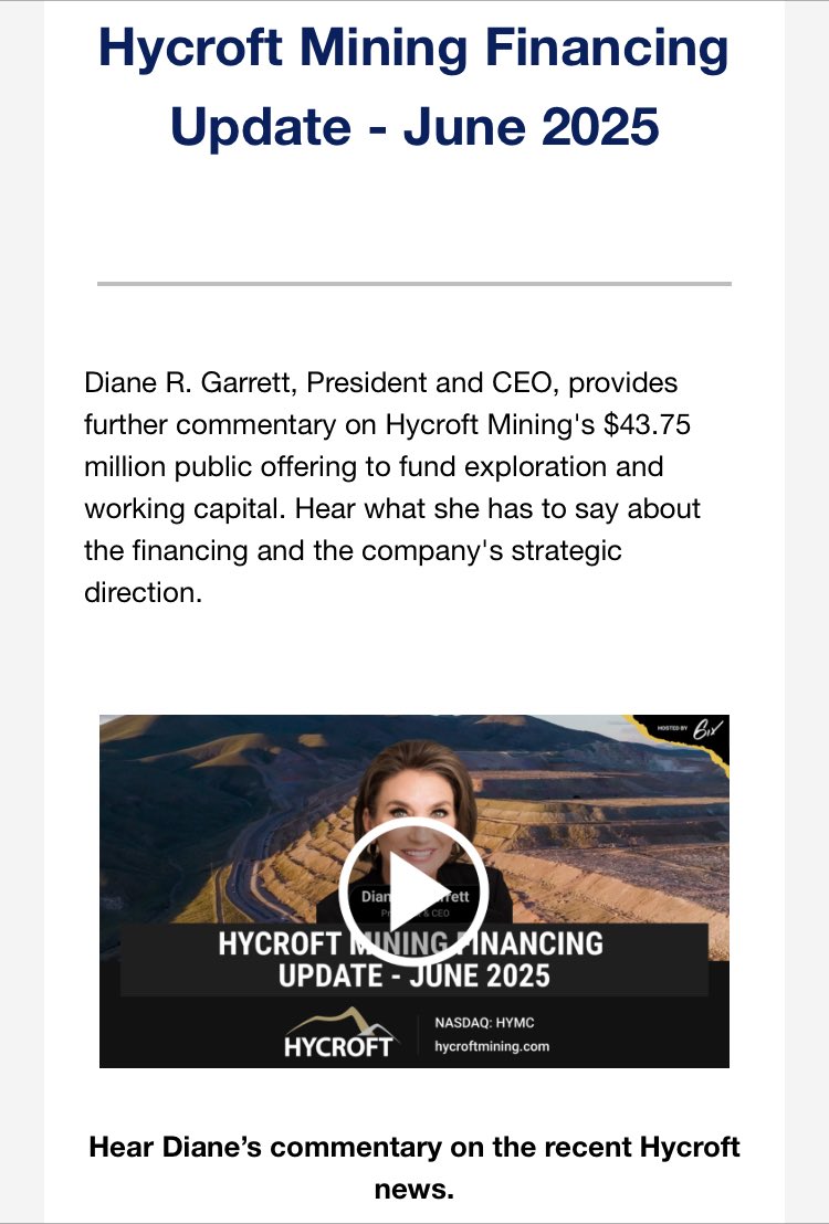 #Checkmate (@guardian10082) on Twitter photo HYCROFT UPDATE!!! (Sort of)
Register and listen to <a href="/DianeG_CEO/">Diane Garrett</a> talk about the recent capital raise. Here are a few highlights.
- <a href="/sprott/">Sprott Asset Management</a> now owns 22% of $HYMC
- According to Diane, “DEBT IS NO LONGER AN OVERHANG ON THE STOCK”
- Technical studies to be released Q4 2025 HYCROFT UPDATE!!! (Sort of)
Register and listen to <a href="/DianeG_CEO/">Diane Garrett</a> talk about the recent capital raise. Here are a few highlights.
- <a href="/sprott/">Sprott Asset Management</a> now owns 22% of $HYMC
- According to Diane, “DEBT IS NO LONGER AN OVERHANG ON THE STOCK”
- Technical studies to be released Q4 2025