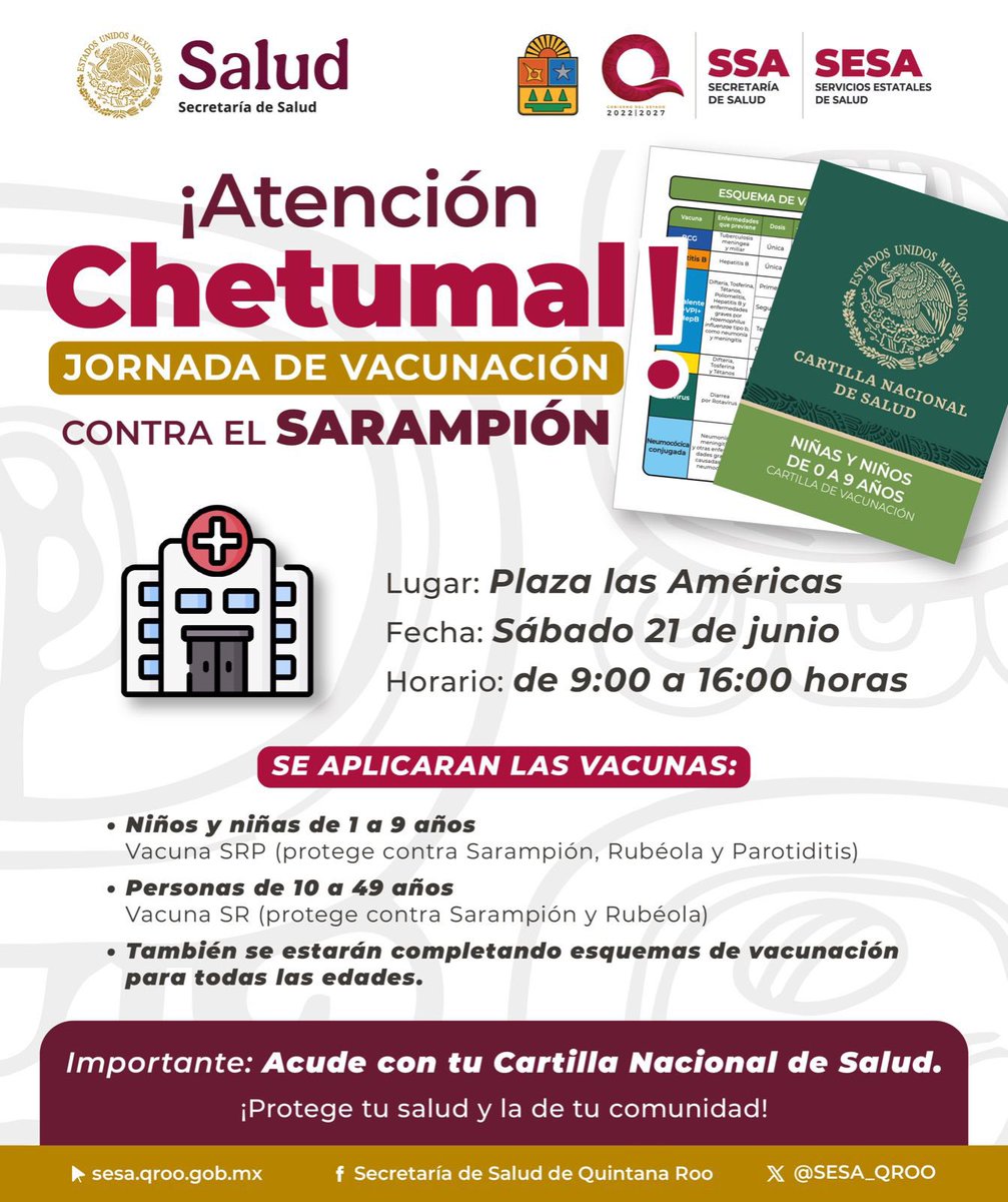 📢 ¡Atención Bacalar y Chetumal!
Este sábado 21 de junio acude a vacunarte contra el sarampión.
🧒 De 1 a 9 años: SRP
👩 De 10 a 49 años: SR
🕘 9:00 a 16:00 h
📍 Domo Colosio / Plaza Las Américas
📘 Lleva tu Cartilla de Salud

#Vacúnate #Sarampión #SESAQuintana