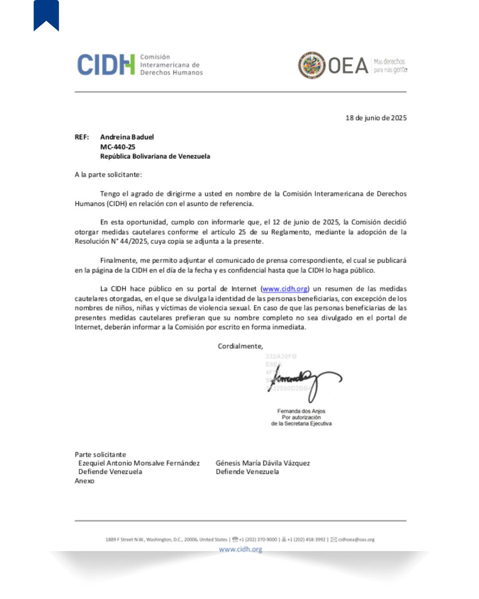 Hoy quiero compartir con ustedes una noticia muy importante para mí y para todas las familias que seguimos alzando la voz por la justicia:

La Comisión Interamericana de Derechos Humanos (CIDH) me otorgó medidas cautelares como defensora de derechos humanos, reconociendo el