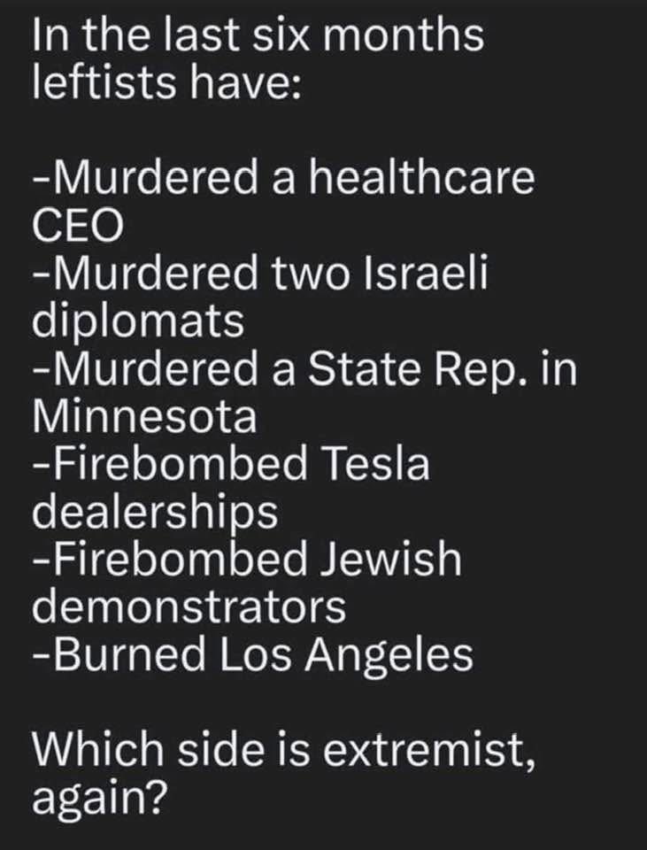 In the last six months leftists have:

✅Murdered a healthcare
CEO.
✅Murdered two Israeli diplomats.
✅Murdered a State Rep. in
Minnesota.
✅Firebombed Tesla dealerships.
✅Firebombed Jewish demonstrators.
✅Burned Los Angeles.

💥Which side is extremist, again?