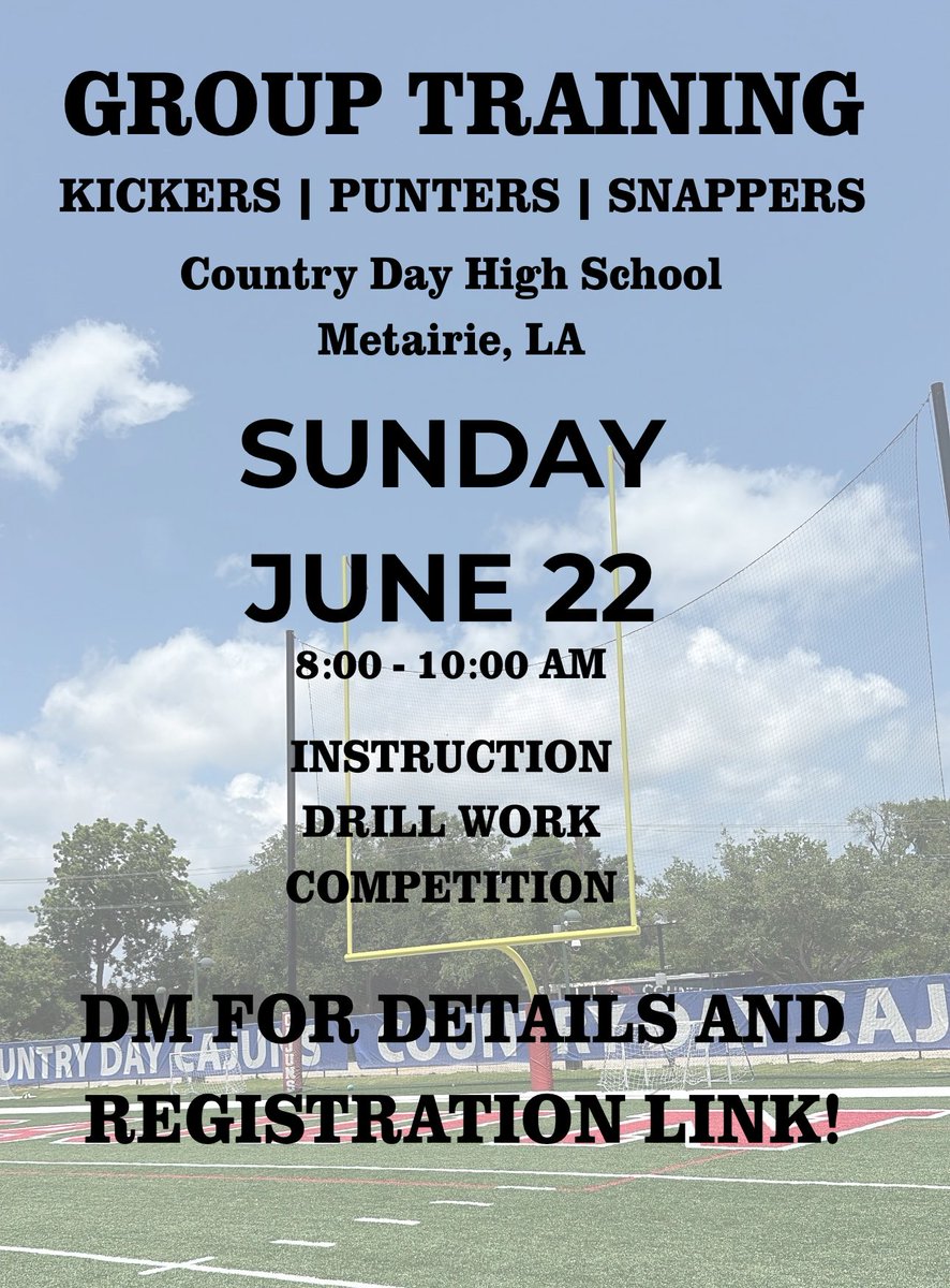 tgrussolino's tweet image. ‼️ KICKERS | PUNTER| SNAPPERS ‼️
GROUP TRAINING SESSION
SUNDAY - JUNE 22 - 8-10 AM
METAIRIE, LA (New Orleans Metro)
DM for more Details!
Come learn, compete, and surround yourself with those who have similar goals and dreams!
If you know someone who may be interested, please…
