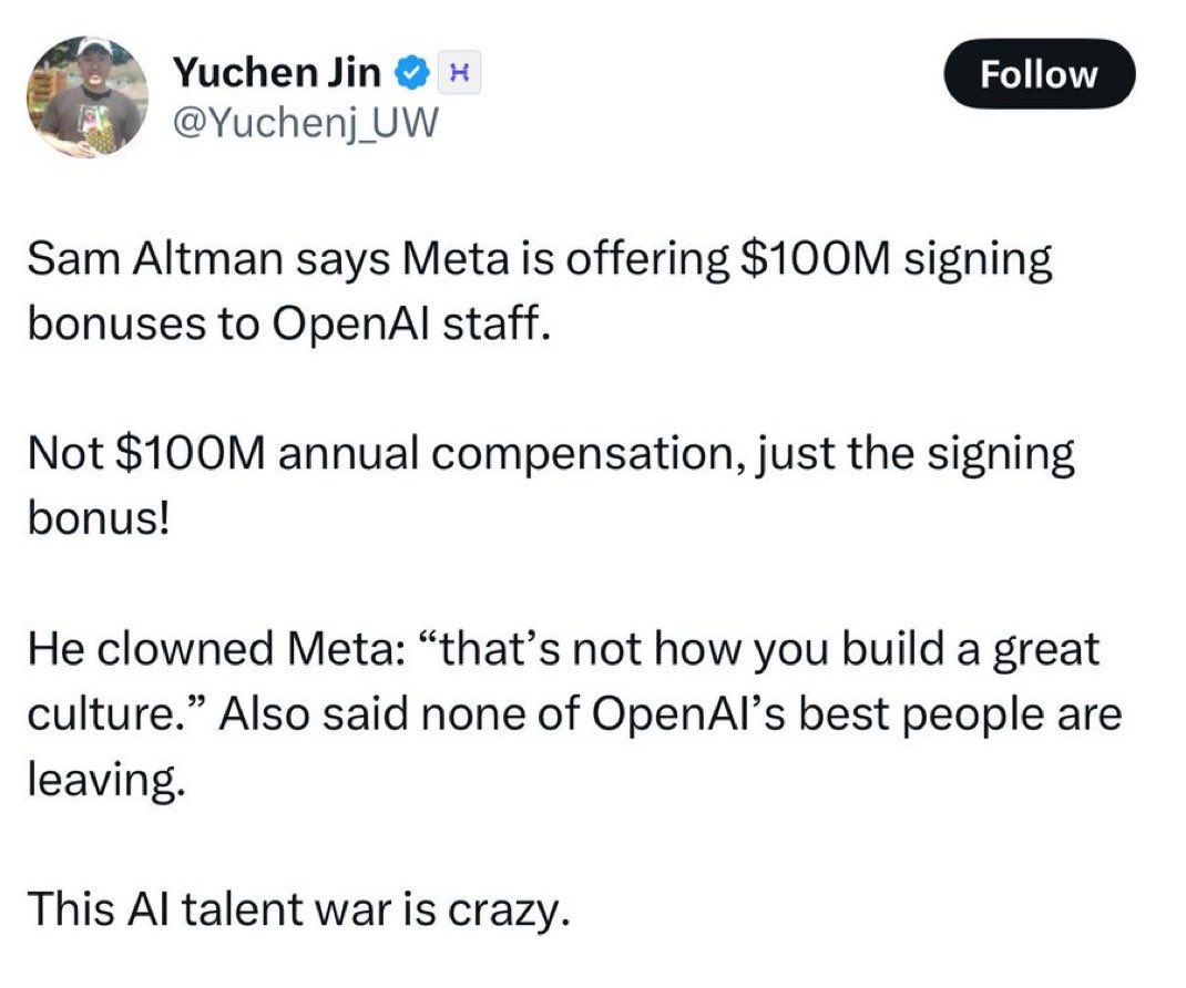 This is why companies need to partner with elite recruiters.

If Zuck had asked for my opinion, I would have told him that a $100M signing bonus is simply not enough.

You need to add 10 PTO days, a 2.5% match on their 401k, and quarterly pizza parties.