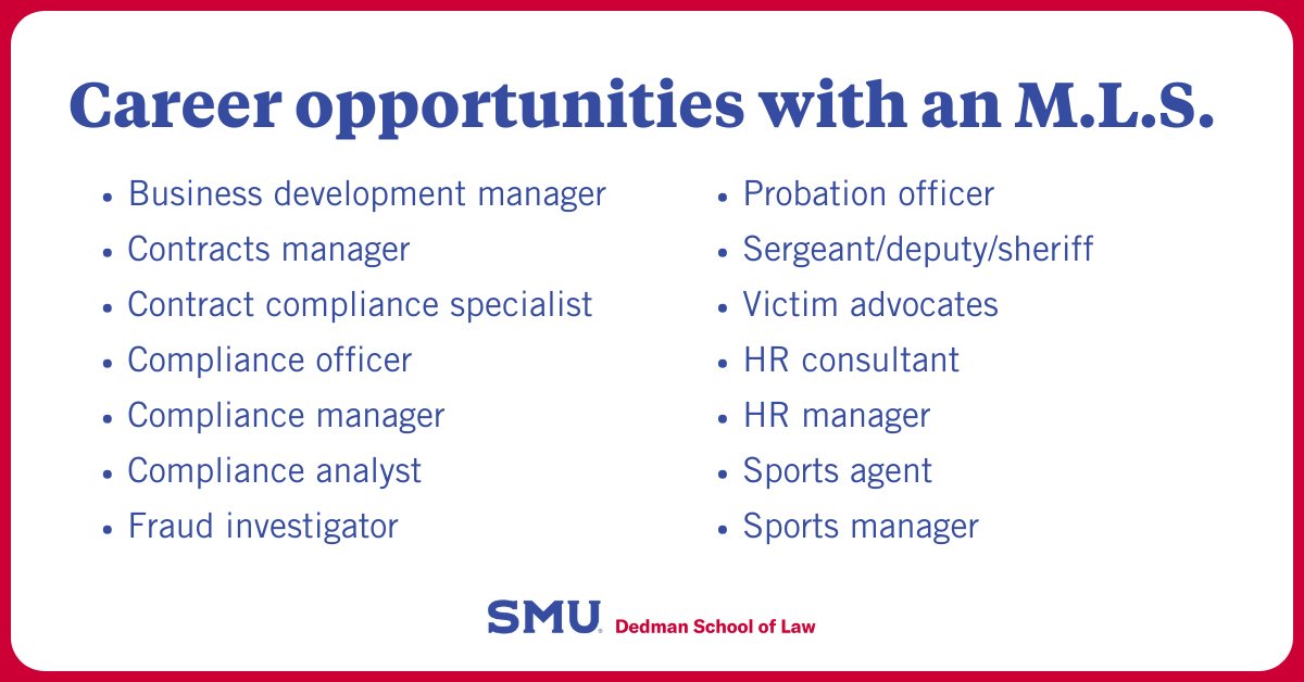 SMULawSchool's tweet image. A Master of Legal Studies opens doors to a wide range of careers in highly regulated industries.
In our article, we explore the valuable skills you gain in an M.L.S. program and the many career opportunities that come with it.
Check it out here: bit.ly/43YZCYq