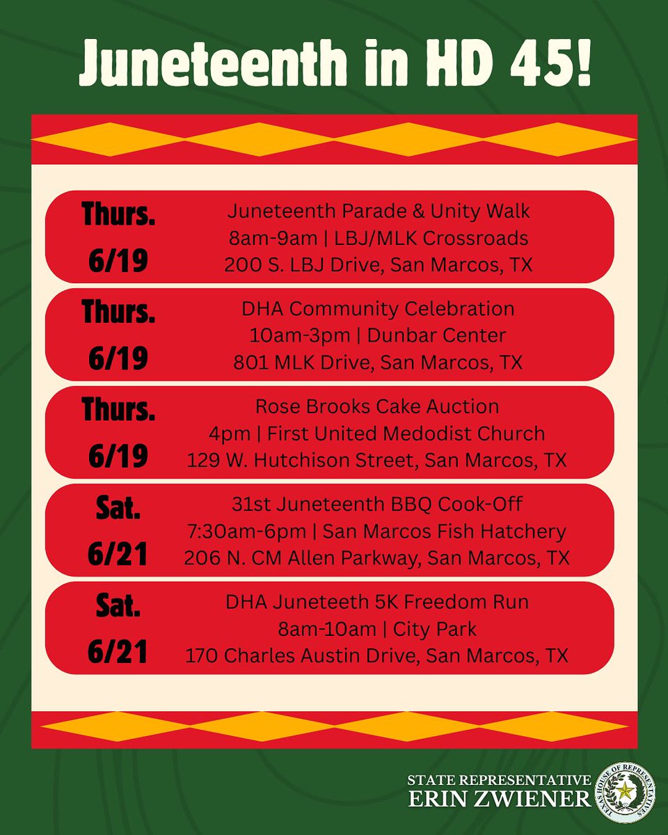ErinForYall's tweet image. Juneteenth events are happening all over #hd45 this week. From parades to community celebrations, there are so many opportunities to join the community and celebrate Juneteenth!
See below for a list of events— hope to see you there! #txlege