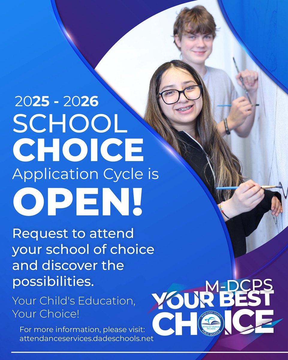 The 2025-2026 School Choice application cycle is now OPEN! Discover the possibilities and apply to the MDCPS that best fits your child’s interests and aspirations. Your child’s education, your choice! #mdcpsyourbestchoice <a href="/miamischools/">MDCPS</a> @suptdotres <a href="/MDCPSSouth/">South Region Office</a>