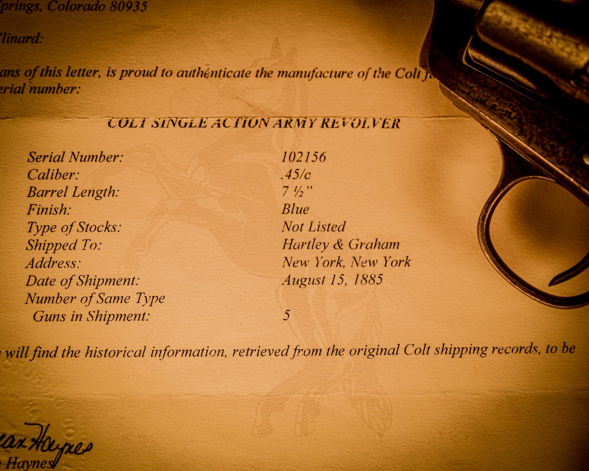 AmmunitionDepot's tweet image. This #WheelgunWednesday we're bringing you this Colt SAA revolver, was shipped on August 15, 1885 to Hartley & Graham in New York. A major arms dealer of the 19th century. Chambered in .45 Colt with a 7½-inch barrel and blue finish, this piece of American firearms history was…