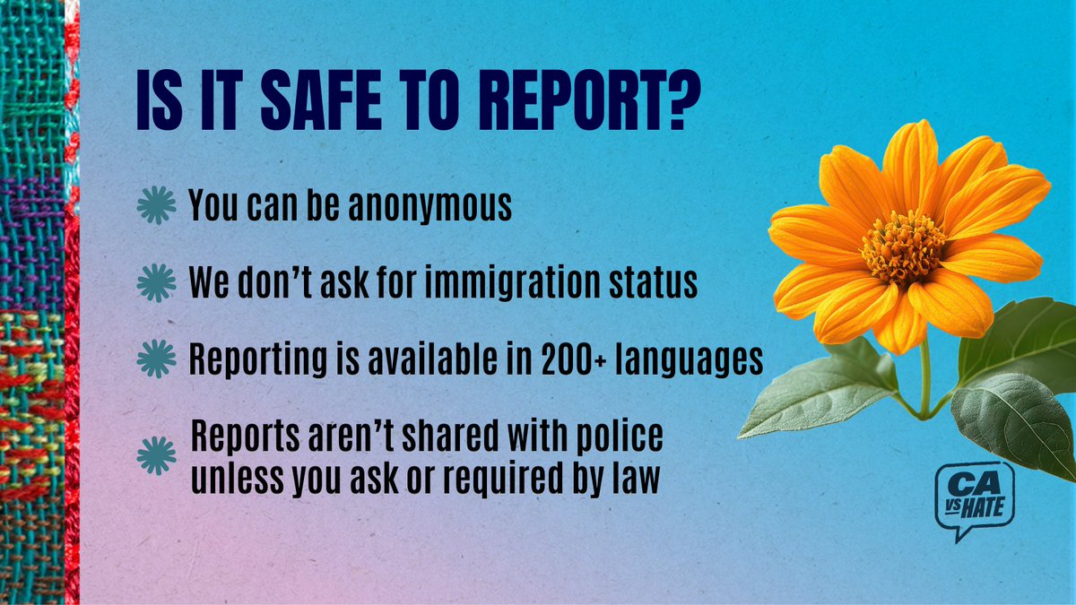 As our communities come together in the face of hate, CA vs Hate is here for you. Whether you need help finding resources for a friend or neighbor or yourself, our care coordinators are ready to help anyone facing hate. (1/2)