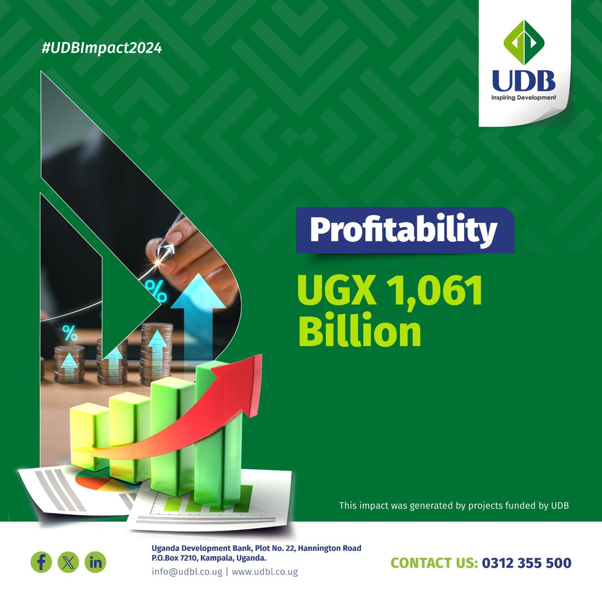 Emily Tindimwebwa (@emily_tindie) on Twitter photo In 2024, the <a href="/UDB_Official/">Uganda Development Bank Ltd</a> recorded a net profit of UGX 57.8 billion, marking a 16% increase from UGX 49.8 billion in 2023. This growth was driven by the continued strategic investments in interest-earning assets and a steadfast focus on cost prudence and efficiency. #UDB_AGM2025 In 2024, the <a href="/UDB_Official/">Uganda Development Bank Ltd</a> recorded a net profit of UGX 57.8 billion, marking a 16% increase from UGX 49.8 billion in 2023. This growth was driven by the continued strategic investments in interest-earning assets and a steadfast focus on cost prudence and efficiency. #UDB_AGM2025