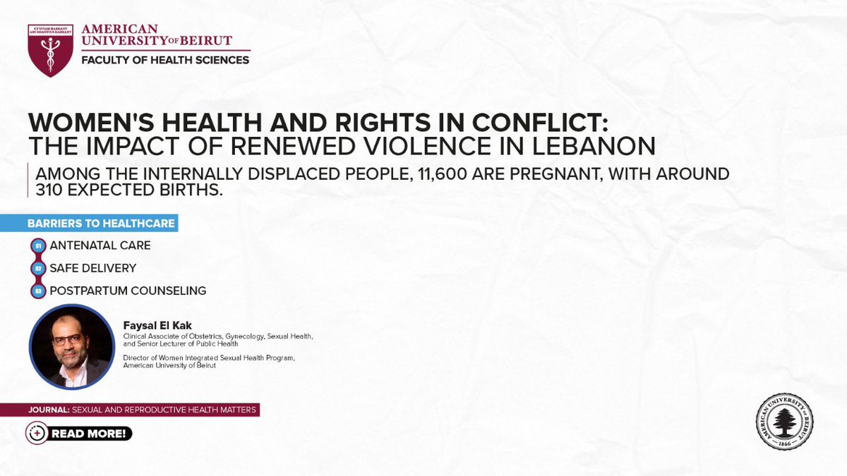 #FHSFaculty Dr. Faysal El Kak highlights the urgent impact of renewed conflict in Lebanon on women’s health and rights in his latest publication.

📄 Read the full perspective here: tandfonline.com/doi/full/10.10…