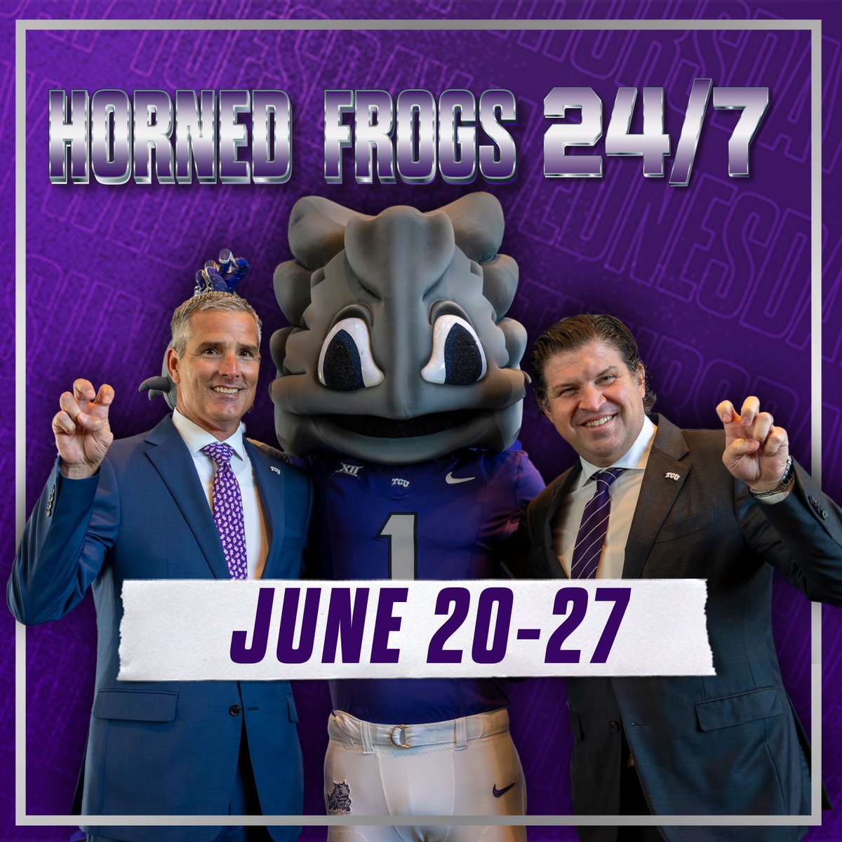⏱️ In 48 hours, Horned Frogs 24/7 kicks off!
7 days. 24 programs. One Frog Family.

Your gift powers scholarships, gear, travel &amp; more — directly to the team of your choice.

💥 Step up. Give back. Go Frogs. 💜🐸