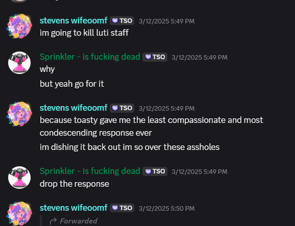 Hey <a href="/InkLeagues/">Leagues Under The Ink (LUTI)</a> I just want to let you know that Krissy <a href="/cupsnakey/">krissy/kristen ❀</a> from <a href="/SurfnTurf_SPL/">Surf 'n Turf</a> threatened to unalive your staff.

Everyone else; there is a link to my doc in the comments about how <a href="/Ammoknights_spl/">Ammo Knights Tournaments</a> banned me for asking them investigate Krissy before adding her to staff.