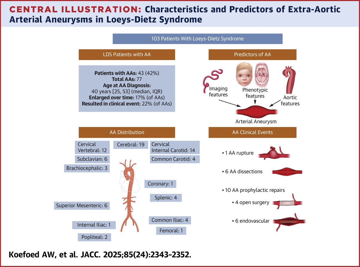 🧬 41% of Loeys-Dietz patients have extra-aortic aneurysms, and they’re not benign. Dissections, ruptures, and missed diagnoses lurk without full-body imaging. Time to scan head-to-pelvis, routinely? jacc.org/doi/10.1016/j.…

#JACC #AorticDisease #LoeysDietz