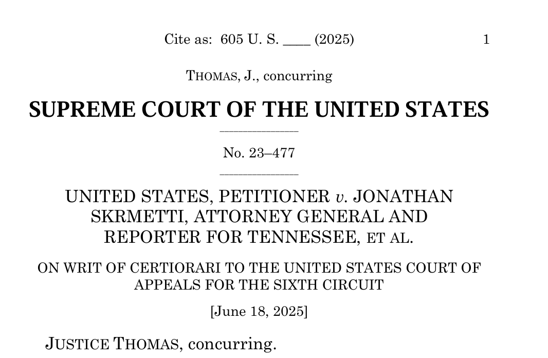 Justice Thomas' concurrence in US v. Skrmetti is superb. 

"States are never required to substitute expert opinion for their legislative judgment, and, when the experts appear to have compromised their credibility, it makes good sense to chart a different course."