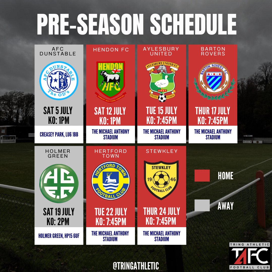 Tring Athletic FC (@tringathletic) on Twitter photo 𝗣𝗥𝗘-𝗦𝗘𝗔𝗦𝗢𝗡 𝗦𝗖𝗛𝗘𝗗𝗨𝗟𝗘 | 🗓️⚽️
It’s now been confirmed that our first pre-season match away at <a href="/AFCDunstable/">AFC Dunstable</a> will kick-off at 1pm,
Also, we will play <a href="/Stewkley_FC/">StewkleyFC</a> in a pre-season friendly on Thursday 24th July at The Michael Anthony Stadium!
#TAFC 🔴⚫️ 𝗣𝗥𝗘-𝗦𝗘𝗔𝗦𝗢𝗡 𝗦𝗖𝗛𝗘𝗗𝗨𝗟𝗘 | 🗓️⚽️
It’s now been confirmed that our first pre-season match away at <a href="/AFCDunstable/">AFC Dunstable</a> will kick-off at 1pm,
Also, we will play <a href="/Stewkley_FC/">StewkleyFC</a> in a pre-season friendly on Thursday 24th July at The Michael Anthony Stadium!
#TAFC 🔴⚫️