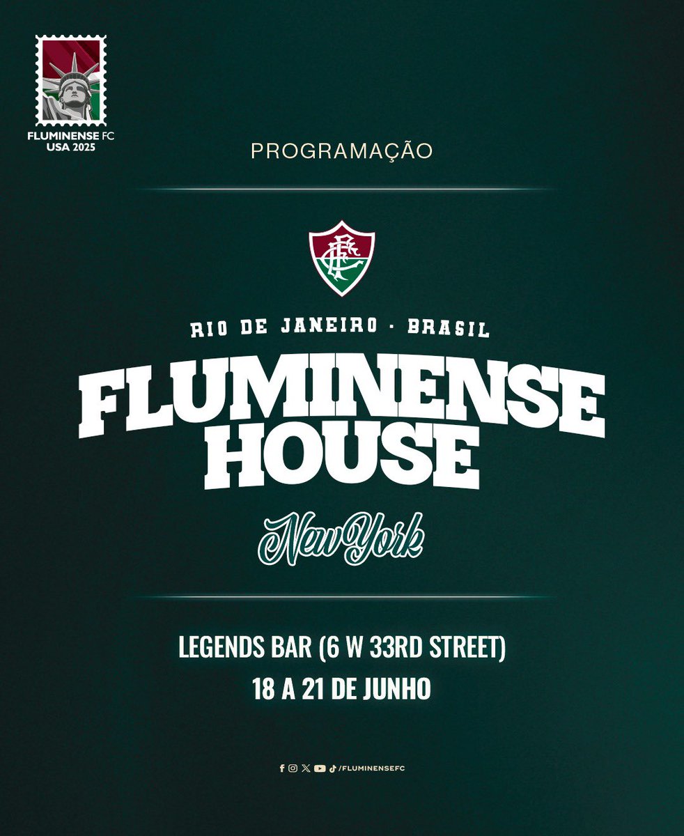 FluminenseFC's tweet photo. Tricolor, se liga na programação dos próximos dias na #FluminenseHouse! #NYCÉFluminense https://t.co/m5AMBpptuz