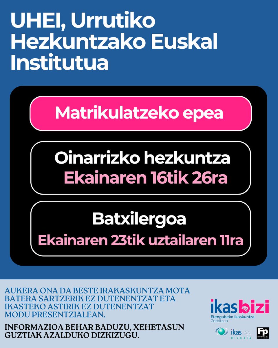 Urrutiko Hezkuntzako Euskal Institutuak (UHEI) zabalik du datorren ikasturterako lehen matrikulazio epea. 

Informazio gehiago behar baduzu, hurbilen duzun #Ikasbizi zerbitzuan emango dizkizute xehetasun guztiak. 

Aurkitu zurea esteka honetan: acortar.link/IAhXh1