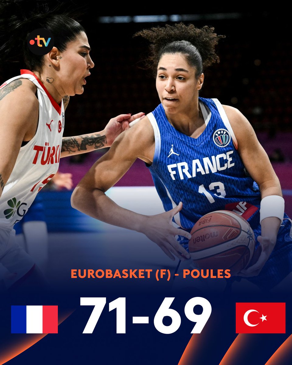 francetvsport's tweet photo. #EuroBasket2025 🏀 | 🇫🇷 Dans la douleur, les Bleues s’imposent face à la Turquie (71-69)

✊ Dans ce match d’ouverture au Pirée, l’équipe de France a longtemps été malmenée, avant de prendre l’avantage dans les dernières secondes.

💙Janelle Salaün a été précieuse avec 22 points, son record sous le maillot bleu.

#basket #basketball #sport