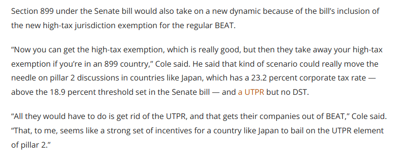 AlanMCole's tweet photo. I talked to @jtcurry005 about the Senate bill.

On § 899/BEAT, especially in the Senate's version, Japan is the first big test case of Congress's strategy.

Japan, if cooperative, would go from a really punitive regime to one much nicer than current law. https://t.co/R9zB21oBmU