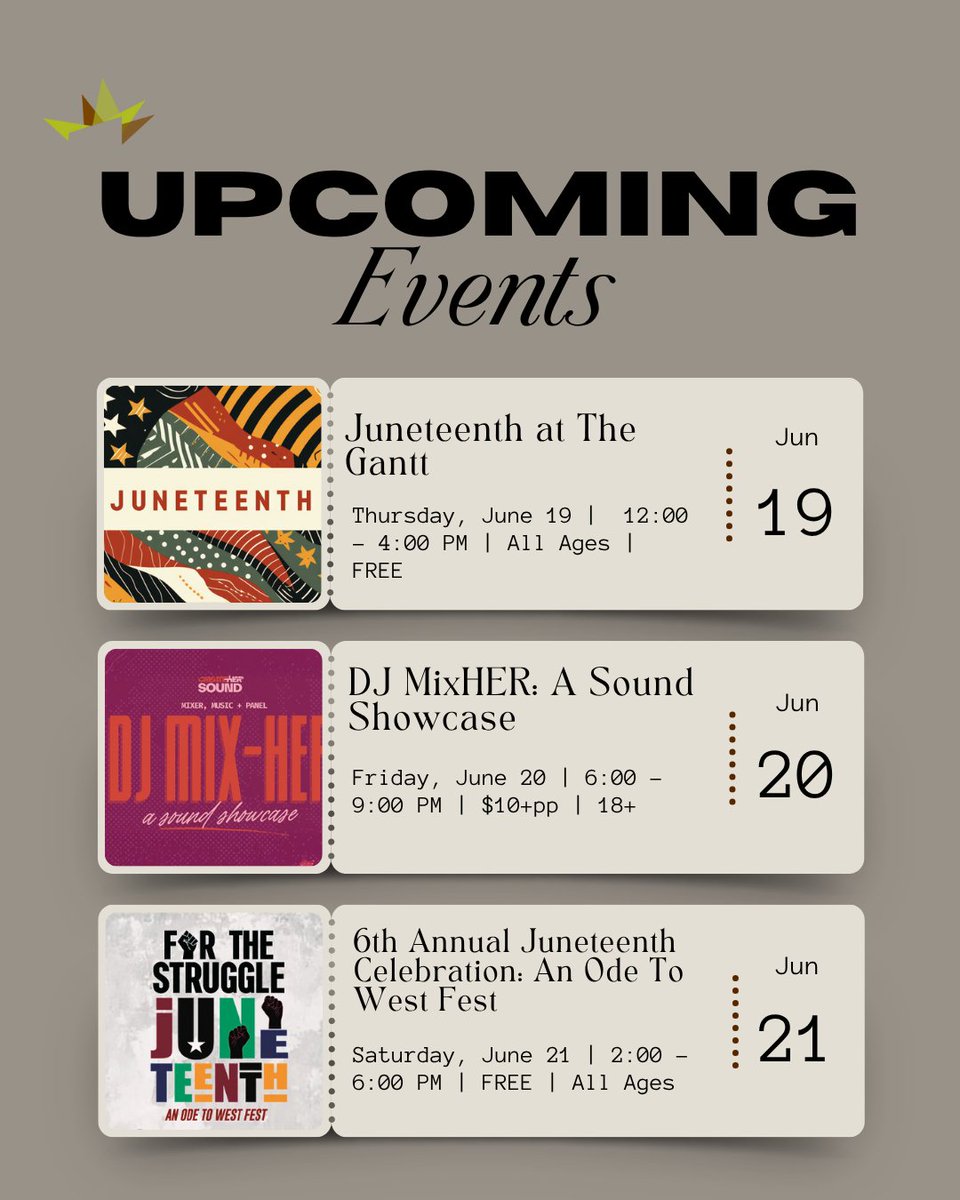 This weeks event line-up ✨🖤🎉
Visit the link below for more details and to RSVP! 

ganttcenter.org/calendar/