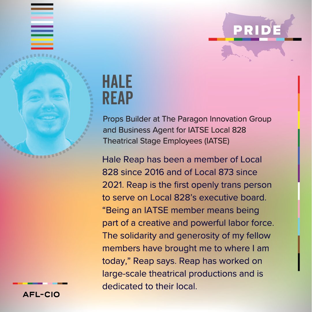 IATSE // #IASolidarity (@iatse) on Twitter photo Meet this week's #PrideMonth <a href="/AFLCIO/">AFL-CIO ✊</a> spotlight, Hale Reap. Hale has been a member of <a href="/iatse828/">IATSE 828</a> since 2016 and <a href="/iatse873/">IATSE Local 873</a> since 2021. Reap is the first openly trans person to serve on Local 828’s executive board.
Read more about Hale here: iatse.co/halereap Meet this week's #PrideMonth <a href="/AFLCIO/">AFL-CIO ✊</a> spotlight, Hale Reap. Hale has been a member of <a href="/iatse828/">IATSE 828</a> since 2016 and <a href="/iatse873/">IATSE Local 873</a> since 2021. Reap is the first openly trans person to serve on Local 828’s executive board.
Read more about Hale here: iatse.co/halereap