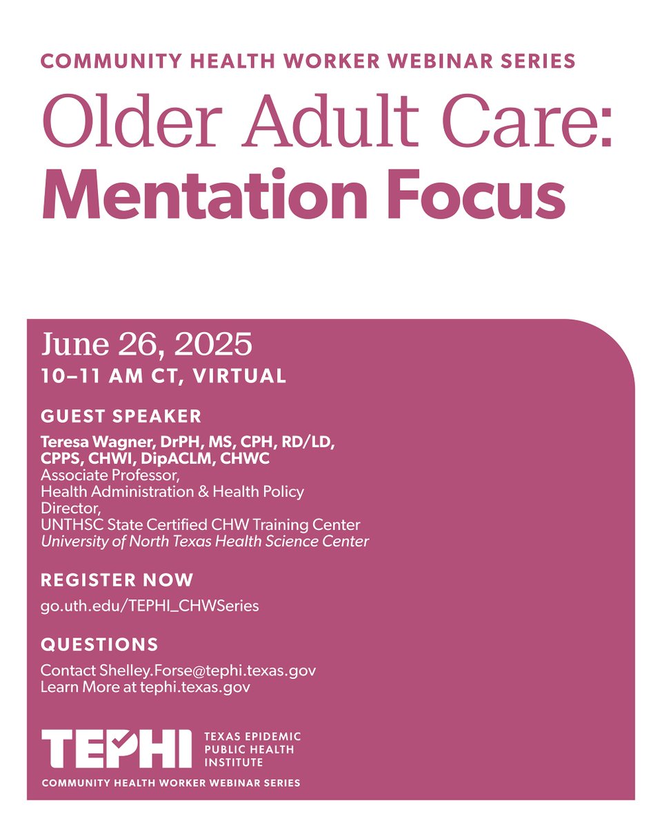 This free, 1-hour CE training will prepare community health workers to screen for both and connect older adults and their caregivers to essential resources needed to support their care.

Register now: go.uth.edu/TEPHI_CHWSeries.