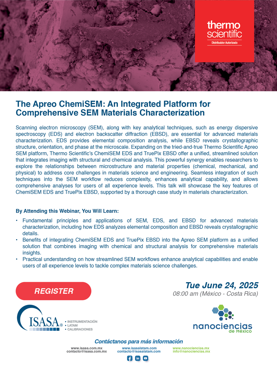 ¡Nanociencias de México te invita al #webinar "The Apreo ChemiSEM: An Integrated Platform for Comprehensive #SEM Materials Characterization" de #Thermo Scientific, que se llevará a cabo el martes 24 de junio a las 8:00 horas!

¡Te esperamos!

Regístrate: azom.com/webinar.aspx?i…
