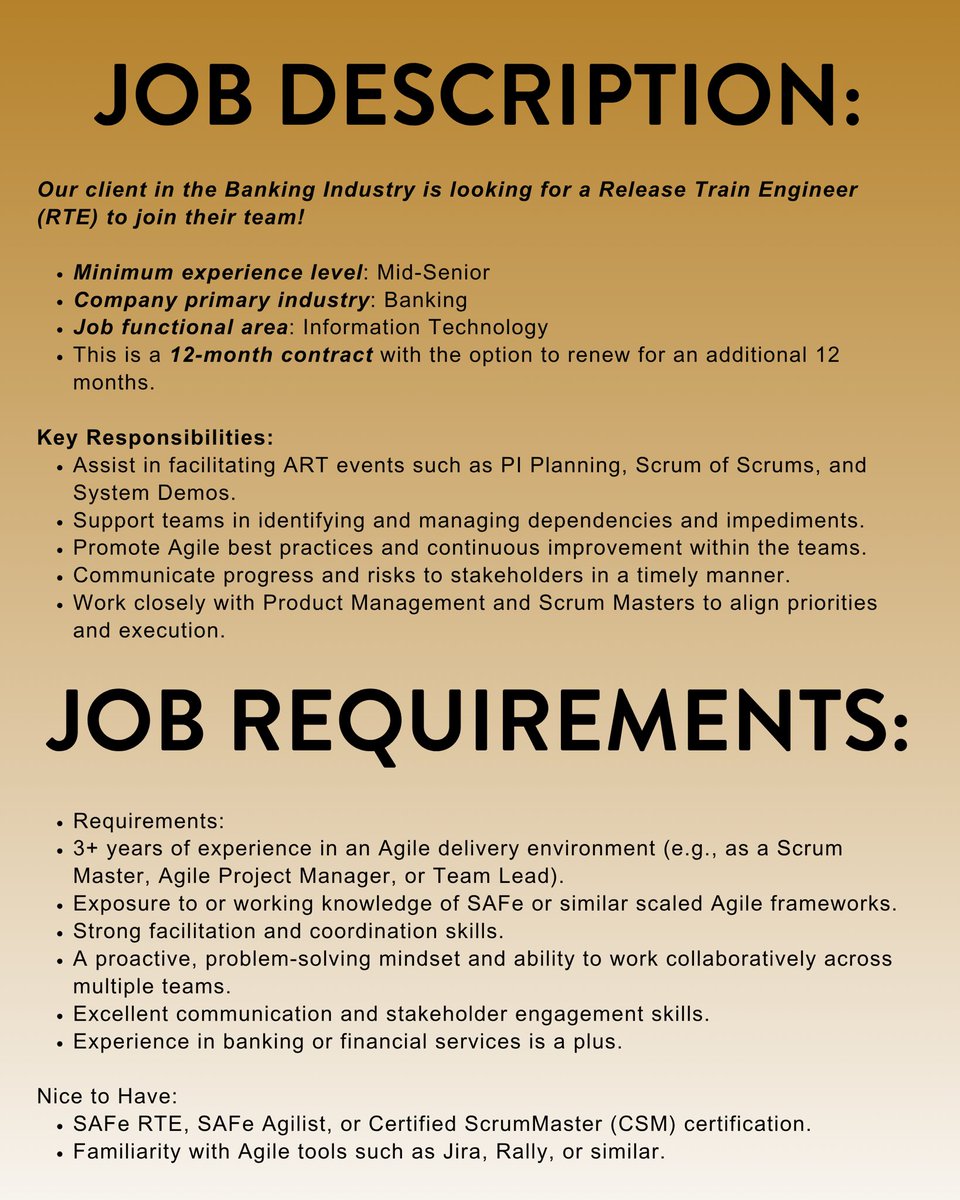 Our client in the Banking Industry is looking for a Release Train Engineer (RTE) to join their team! 

#vacancies #jobopening #applynow #jobcreation #southafrica #recruitment #praesignis