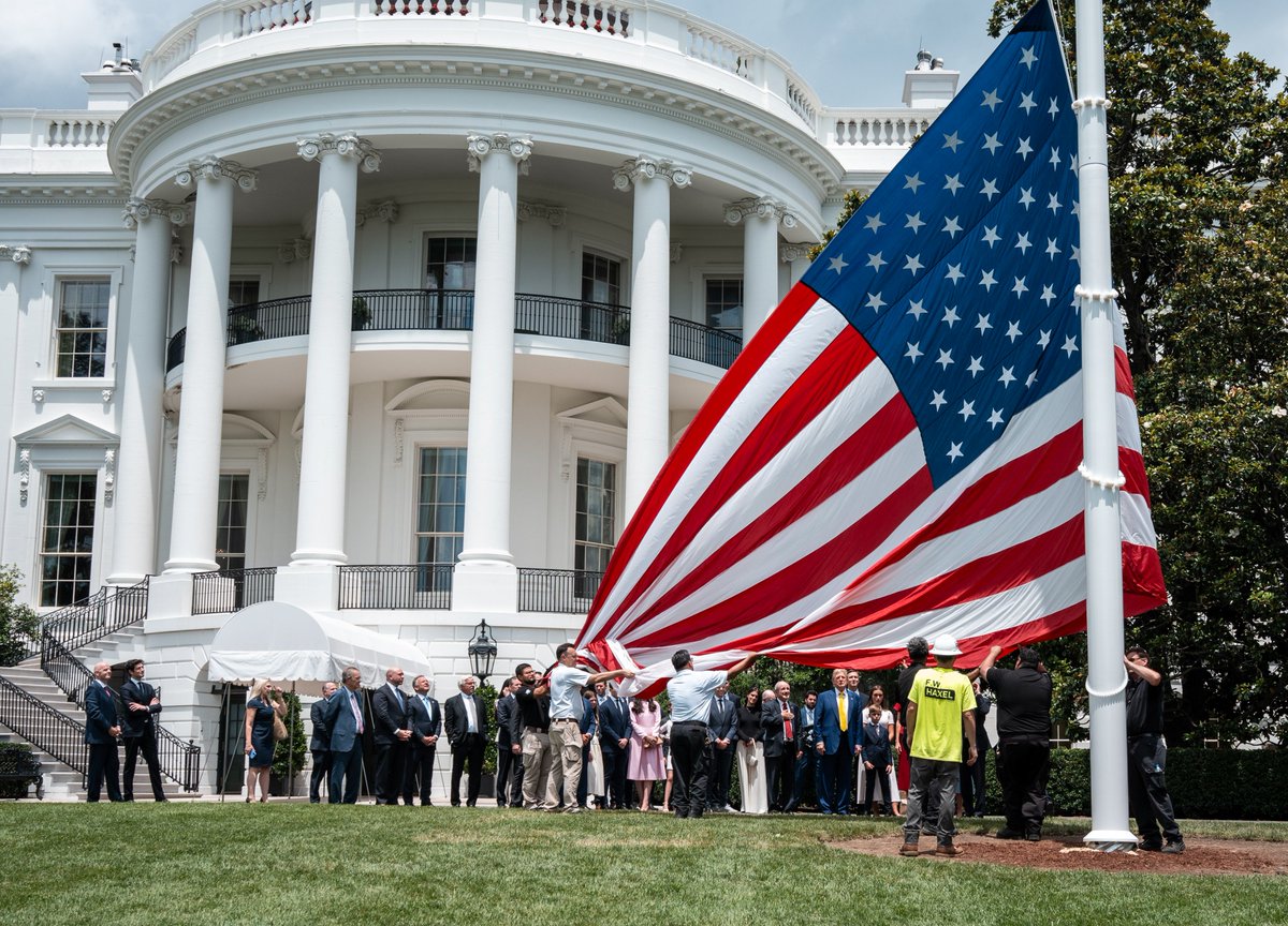 Doug Mills (@dougmillsnyt) on Twitter photo .<a href="/POTUS/">President Donald J. Trump</a> watches as a large American flag was raised on the new flag pole on the South Lawn of the White House. .<a href="/POTUS/">President Donald J. Trump</a> watches as a large American flag was raised on the new flag pole on the South Lawn of the White House.