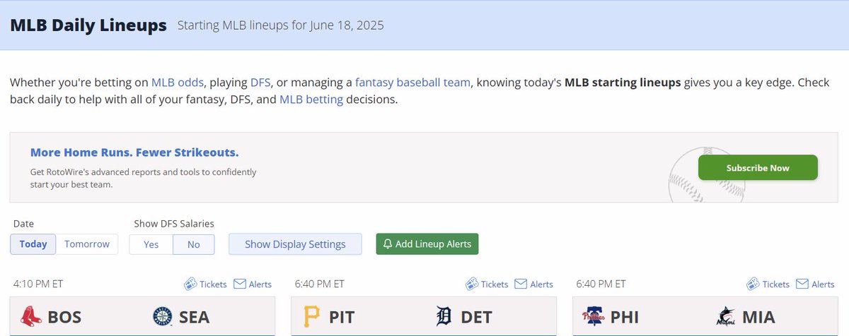RotoWireMLB's tweet image. Among our many tools, we have daily MLB starting lineups 👀 

Essential for fantasy, DFS and betting. You&apos;ll want to bookmark this page.

➡️ rotowire.com/baseball/daily…