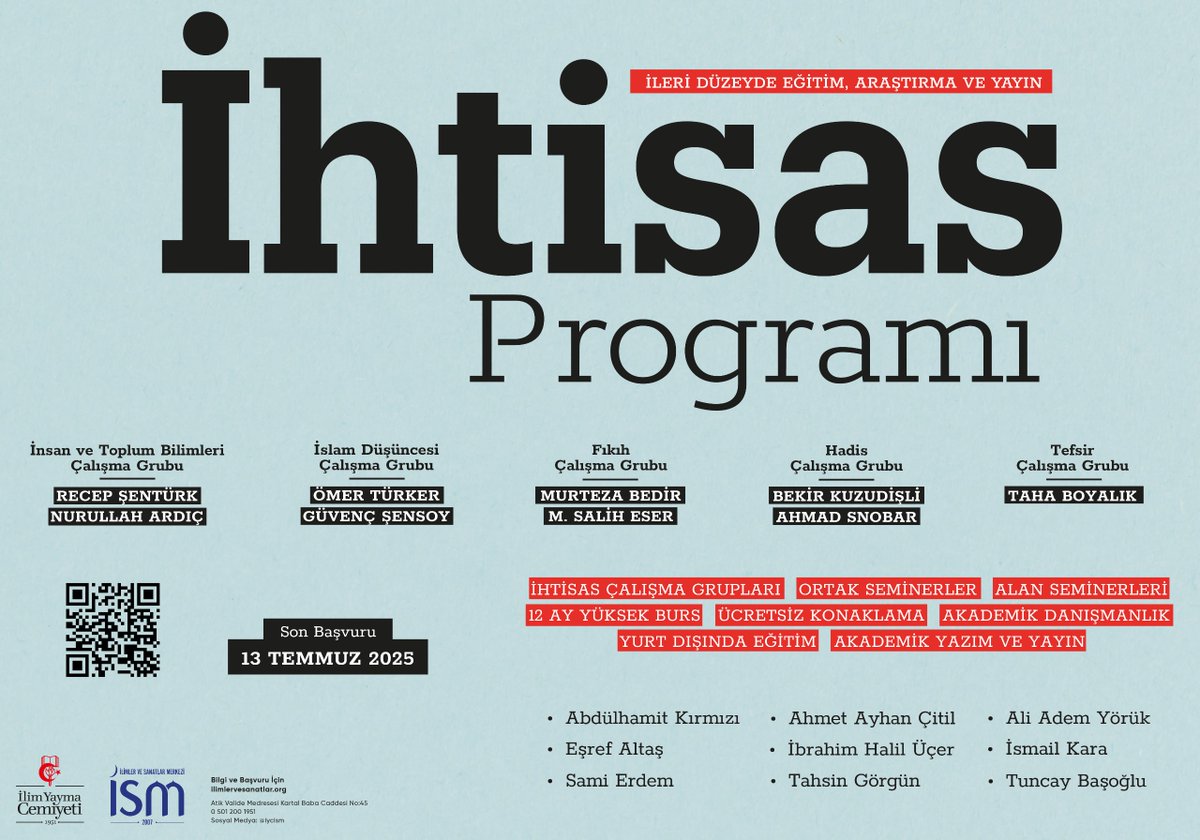 📚 İSM İHTİSAS PROGRAMI BAŞVURULARI DEVAM EDİYOR!

🗒️2+1 Yıllık Özel Bir Program 
📖Alan Odaklı İhtisas Çalışma Grupları
✍️Seçkin Akademik Kadro
🏠Ücretsiz Konaklama 
🤝12 Ay Yüksek Burs 

📍Ayrıntılı Bilgi ve Başvuru:
🔗bit.ly/3SZ4IPp