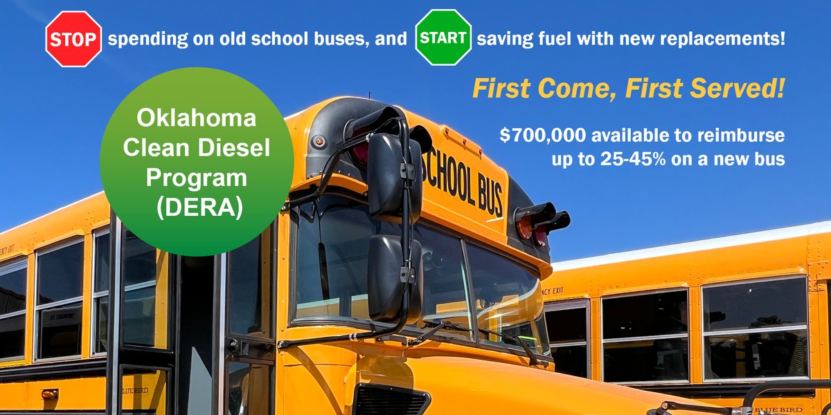 Oklahoma DEQ (@oklahomadeq) on Twitter photo To improve Oklahoma air quality, especially for our children, DEQ announces grant funding available for schools to replace their old smelly diesel school buses! This is a first-come, first-serve opportunity. The first complete applications with eligible projects will be awarded! To improve Oklahoma air quality, especially for our children, DEQ announces grant funding available for schools to replace their old smelly diesel school buses! This is a first-come, first-serve opportunity. The first complete applications with eligible projects will be awarded!
