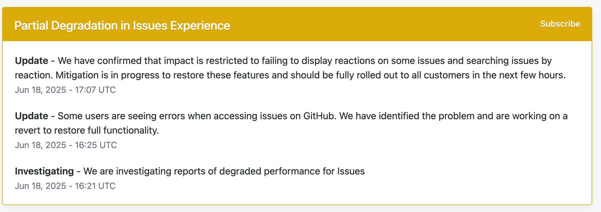 tanin's tweet image. Github Actions cache has been acting up for several hours. github.com/orgs/community… github.com/orgs/community…
Github just opened an incident an hour ago. That's just too slow.