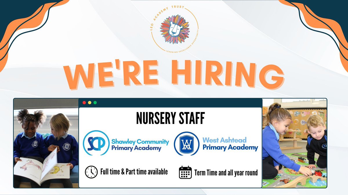 LEO Academy Trust (@leoacademies) on Twitter photo π’ We're hiring!
Come & join our amazing team at <a href="/ShawleyPrimary/">Shawley Community Primary Academy</a> or <a href="/WestAshtead/">West Ashtead Primary</a> as a Nursery Assistant, Practitioner or Manager.
You can also start your career with us on a Nursery Apprenticeship.
Full & part time roles are available.
Apply today.π
loom.ly/liUrFWU π’ We're hiring!
Come & join our amazing team at <a href="/ShawleyPrimary/">Shawley Community Primary Academy</a> or <a href="/WestAshtead/">West Ashtead Primary</a> as a Nursery Assistant, Practitioner or Manager.
You can also start your career with us on a Nursery Apprenticeship.
Full & part time roles are available.
Apply today.π
loom.ly/liUrFWU