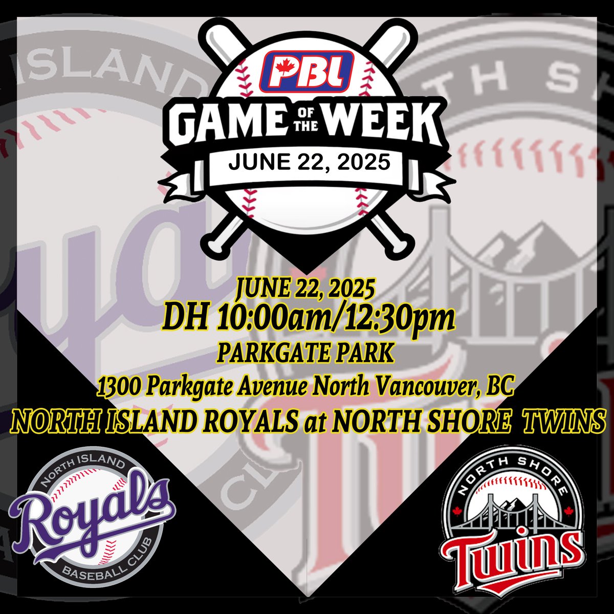 BCPBL (@bcpbl1) on Twitter photo Are you ready for the BCPBL Game of the Week, presented by BITMORE IMAGES?
We are!
The "GOW"'s this season have been great, and we would expect this weeks between the <a href="/ParksvilleR/">North Island Royals</a> and <a href="/NorthShoreTwins/">North Shore Twins</a> at the scenic John Haar Field at Parkgate Park to also live up to Are you ready for the BCPBL Game of the Week, presented by BITMORE IMAGES?
We are!
The "GOW"'s this season have been great, and we would expect this weeks between the <a href="/ParksvilleR/">North Island Royals</a> and <a href="/NorthShoreTwins/">North Shore Twins</a> at the scenic John Haar Field at Parkgate Park to also live up to