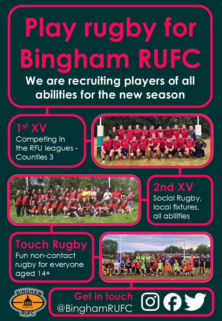 Play Rugby for Bingham Rugby Club!
We are recruiting players of all abilities for our senior 1st &amp; 2nd team. Whether you're moving Club, returning to the game,  or haven't played since school, Bingham RUFC is a welcoming club to join. 
Preseason training starts on Tues 8th July.