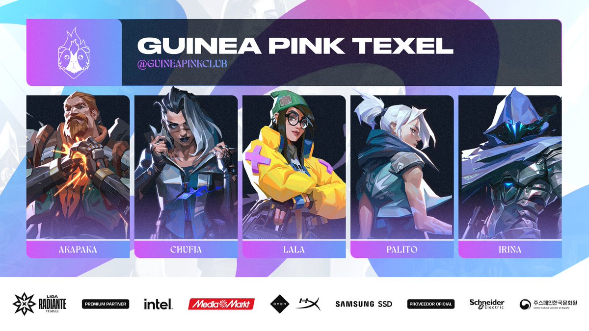 ¡Seguimos las presentaciones de la Liga Radiante Female!

Este será el equipo representante de <a href="/GuineaPinkClub/">Guinea Pink 🏳️‍🌈</a> Texel:

💥<a href="/akntilado/">GP AkaPaka🤖</a>
💥<a href="/chufiia/">sof | GP Chufia 🩷</a>
💥<a href="/_Lala022/">GP LaLa</a>
💥<a href="/impalito_/">GP Palito</a>
💥<a href="/iriina333/">GP Irina</a>
💥<a href="/andreacosta_4/">GP Luna🦋</a>
💥<a href="/aannaabz/">GP anna 💗</a>

👔<a href="/Alfonsiito_g/">GP Alfonsito</a>
👔<a href="/CourtzCH/">Courtz.</a>

+Info:
🖥️circuitotormenta.riotgames.com/news/el-split-…