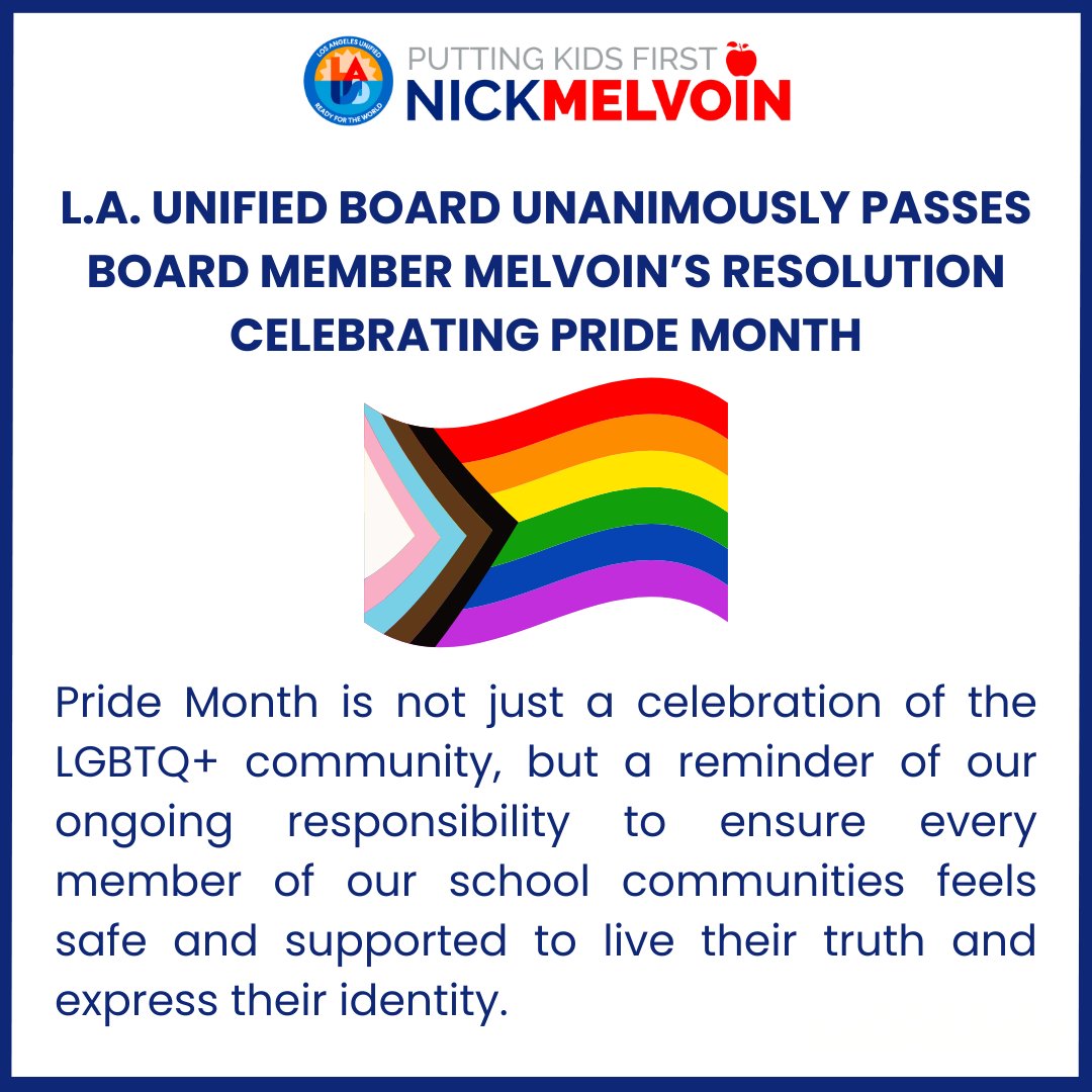 Board Member Melvoin (@nickmelvoinbd4) on Twitter photo The Board unanimously passed my Pride Month reso yesterday, affirming <a href="/LASchools/">Los Angeles Unified</a> dedication to fostering safe, inclusive, & supportive environments for LGBTQ+ students, families, & staff. In the face of hate & discrimination, we will continue to embrace love & inclusion. 🫶🏳️🌈🏳️⚧️ The Board unanimously passed my Pride Month reso yesterday, affirming <a href="/LASchools/">Los Angeles Unified</a> dedication to fostering safe, inclusive, & supportive environments for LGBTQ+ students, families, & staff. In the face of hate & discrimination, we will continue to embrace love & inclusion. 🫶🏳️🌈🏳️⚧️