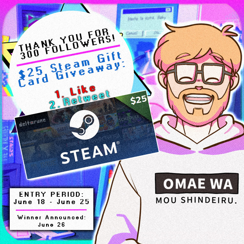 🎉THANK YOU FOR 300 ON TWITCH!!!🎉

Never thought I’d hit this milestone—y’all made dreams come true 🫶

To celebrate, I’m doing my first giveaway: a $25 Steam gift card! Just in time for the Steam Summer Sale 👀

To enter (ends June 25):
1️⃣ Like
2️⃣ Retweet

Good luck! 🎮